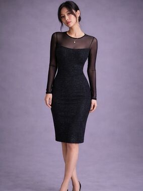 Y2K Black Beaded Cocktail Dress Size Small Sheer Midi Bodycon Party Illusion
